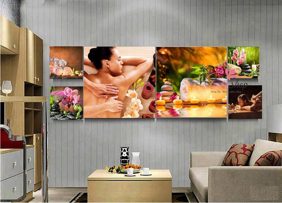 Tranh treo tường spa hoa phong lan tím và nến vàng