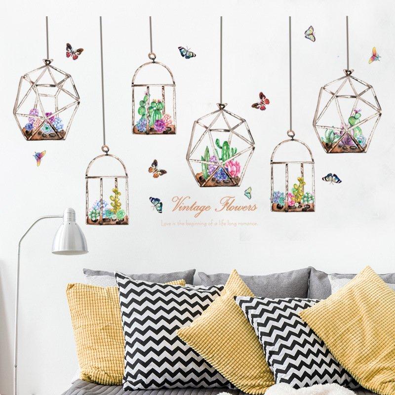 Decal dán tường dây treo 6 chậu hoa sắc màu
