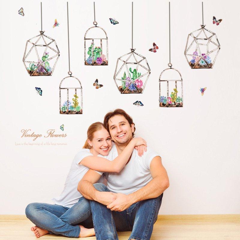 Decal dán tường dây treo 6 chậu hoa sắc màu
