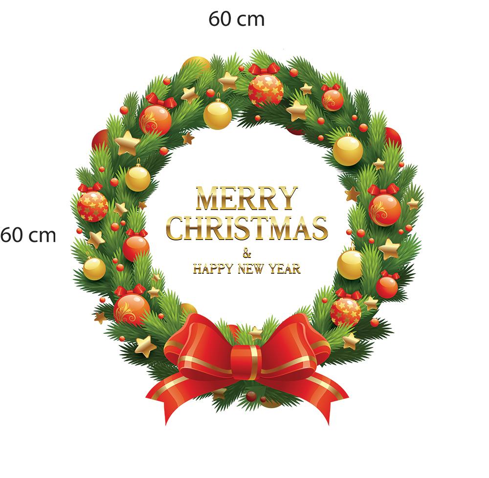 Decal dán tường Vòng nguyệt quế Noel nơ đỏ size lớn 60x60  (nền trắng đục)