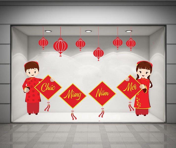 Decal bé mặc áo dài đỏ chúc tết