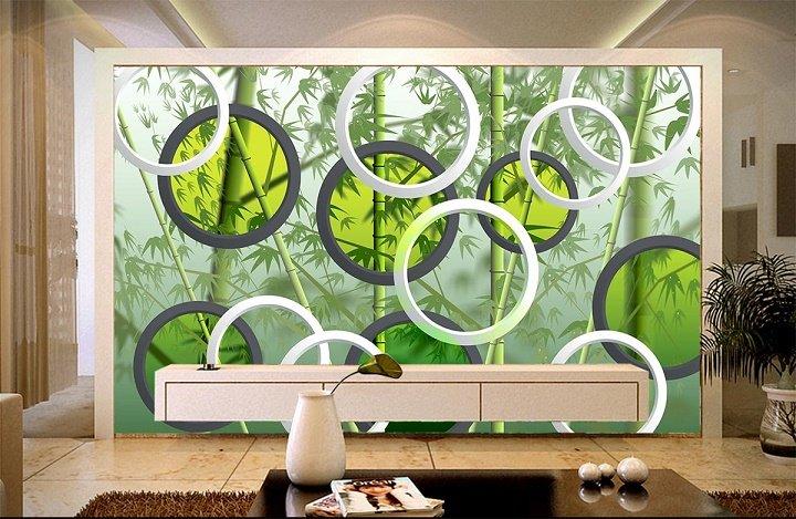 Tranh dán tường rừng tre với các khung kính tròn