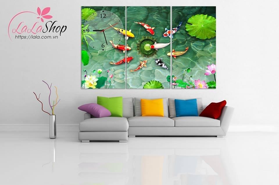 Tranh Đồng Hồ 3D Cửu Ngư Quần Hội