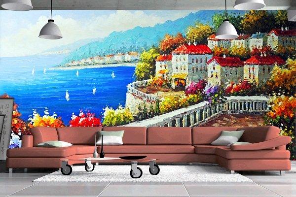 Tranh dán tường thành phố ven biển Địa Trung Hải