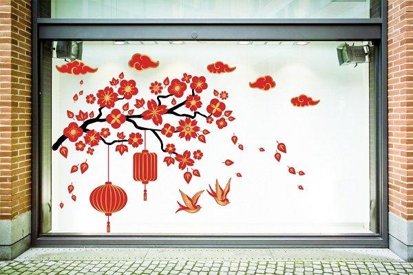 Decal trang trí tết hoa đào đỏ đón tết cách điệu