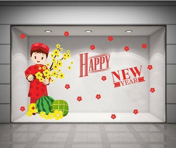 Decal bé cầm cành mai chúc tết size 100x150cm