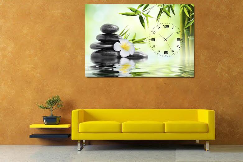 Tranh Đồng Hồ Spa 1 Tấm lá trúc xanh và hoa trắng cách điệu