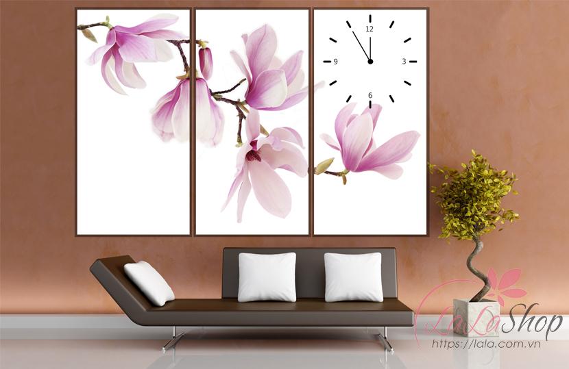 Tranh đồng hồ hoa lan hồng 3 tấm 40x25x3