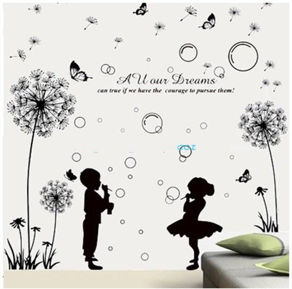Decal dán tường Combo Bé thổi bong bóng   Hoa bồ công anh đen