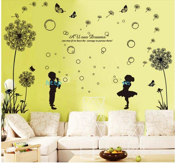 Decal dán tường Combo Bé thổi bong bóng   Hoa bồ công anh đen