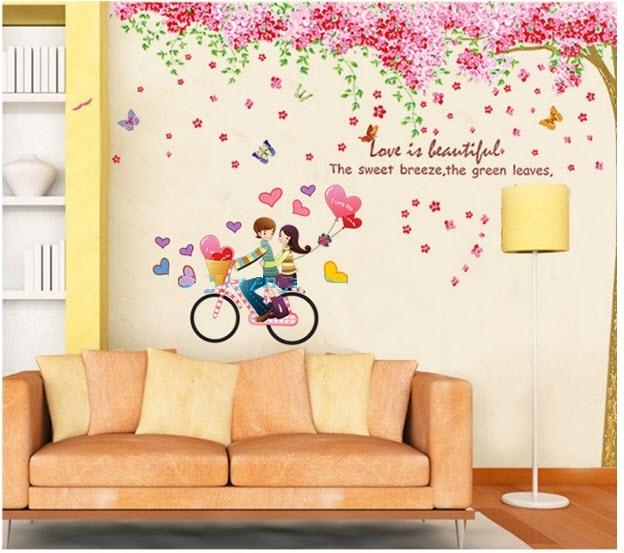 Decal dán tường Combo Cây đào hồng size 2 tấm   Xe đạp tình nhân 2