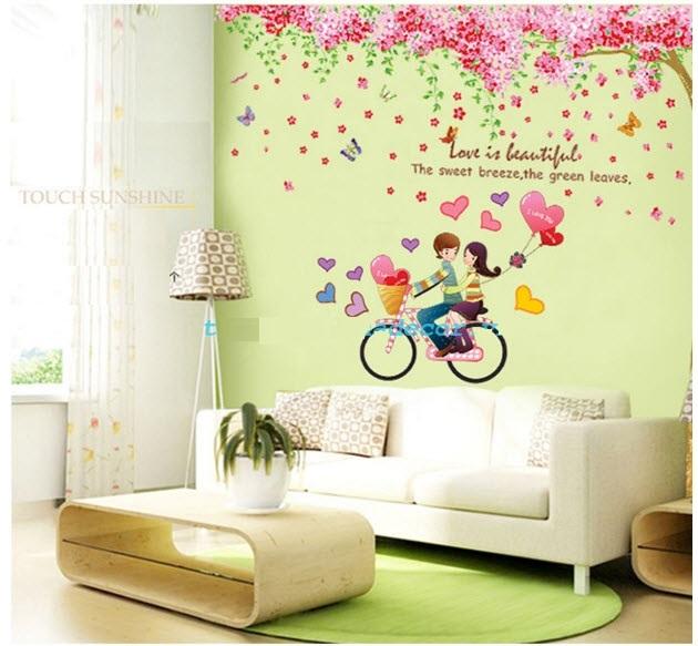 Decal dán tường Combo Cây đào hồng size 2 tấm   Xe đạp tình nhân 2
