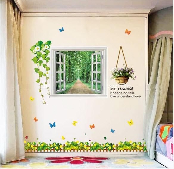 Decal dán tường Combo Cửa sổ 1   Chân tường cỏ ba lá hoa vàng