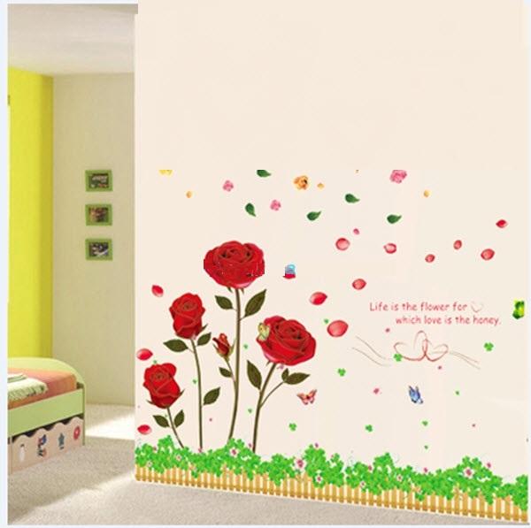 Decal dán tường Combo Hoa hồng nhung đỏ + Chân tường xanh lá