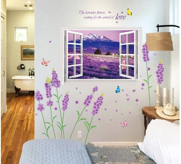 Decal dán tường Combo Cửa sổ vườn hoa tím   hoa lavender 2