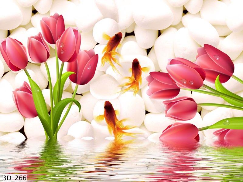 Tranh dán tường hoa tulip và cá vàng độc đáo