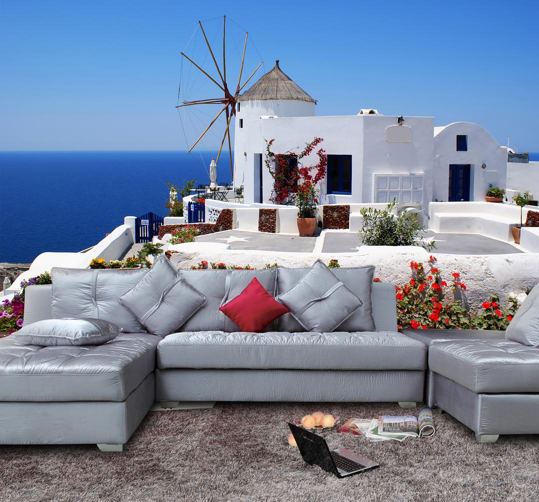 Tranh dán tường cối xay gió Santorini