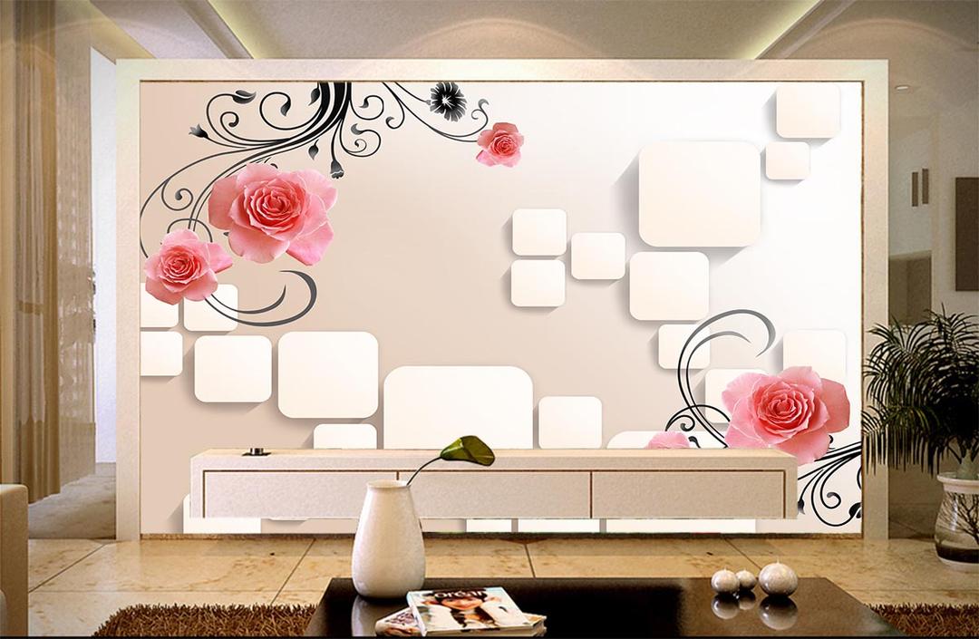 Tranh dán tường hoa hồng nền vuông trắng hồng