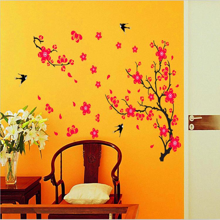 Decal tết cành đào đỏ và chim én mùa xuân