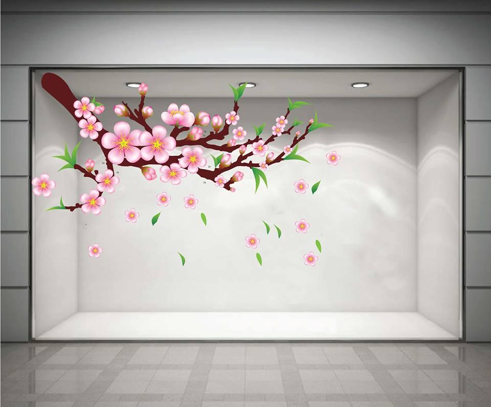 Decal cành đào khoe sắc đón xuân