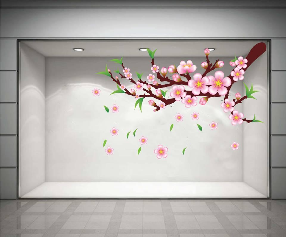 Decal cành đào khoe sắc đón xuân 2