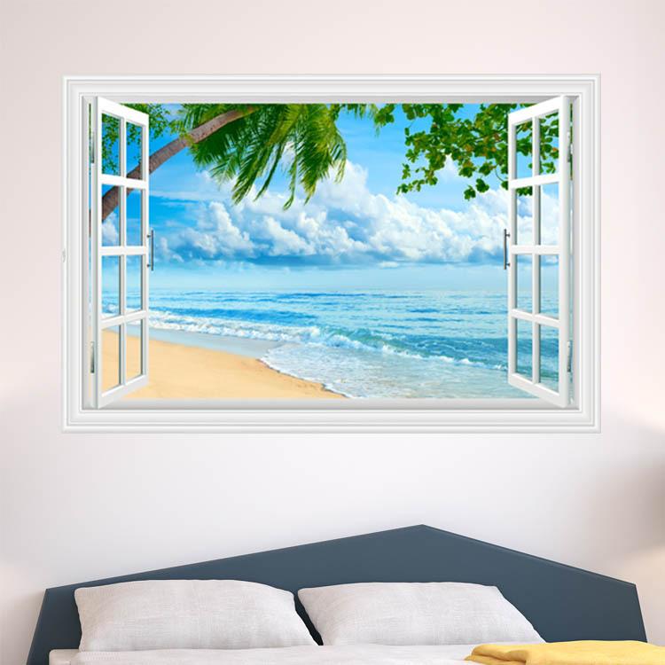 Decal dán tường cửa sổ biển và mây