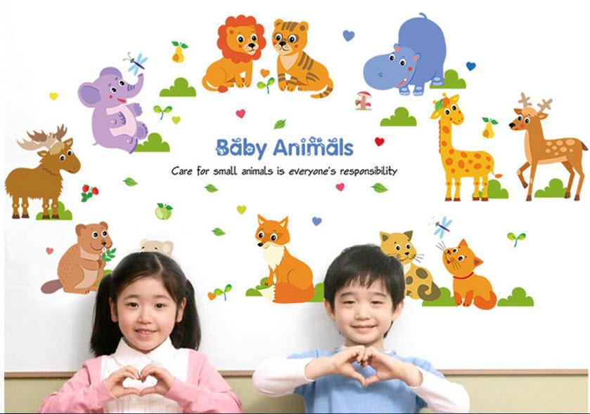 Decal dán tường vườn thú baby animals