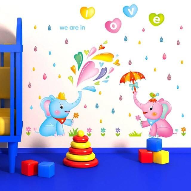 Decal dán tường đôi voi tinh nghịch