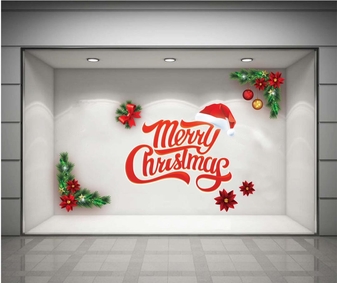 Decal dán tường Merry Christmas và nón Noel