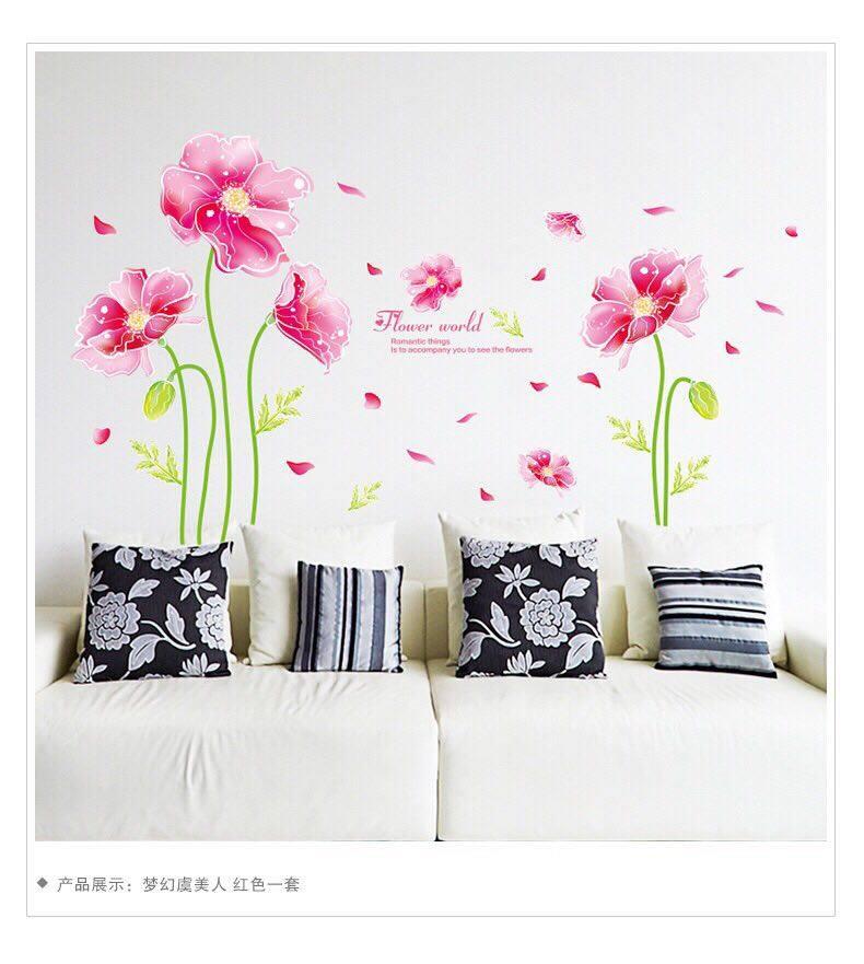 Decal dán tường hoa sắc hồng