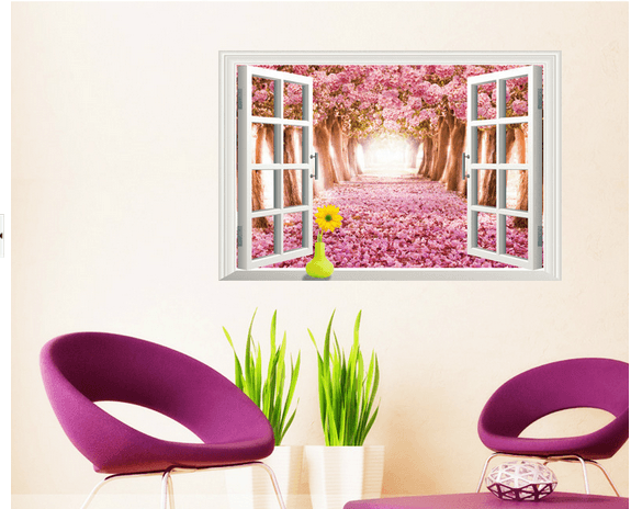 Decal dán tường cửa sổ con đường hoa đào 1