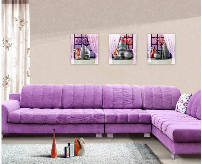 Decal bộ 3 tranh phong thủy bình hoa tím