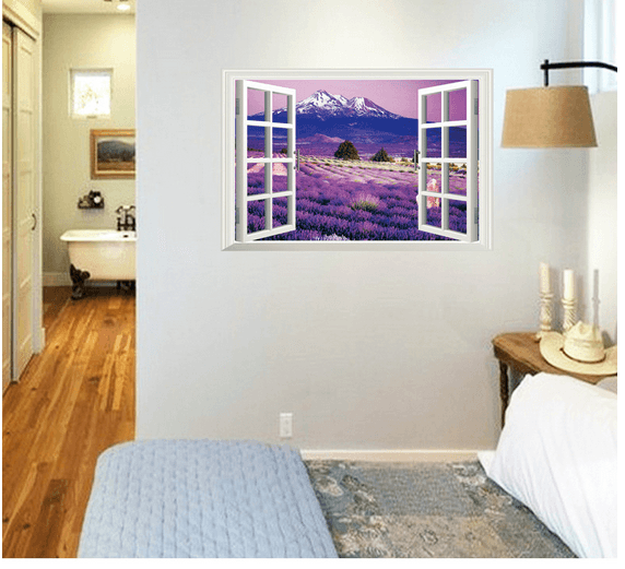 Decal dán tường cửa sổ vườn hoa tím