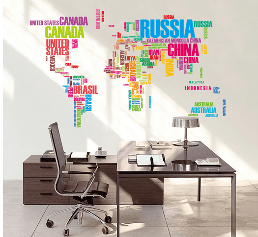 Decal dán tường bản đồ tên các nước đủ màu