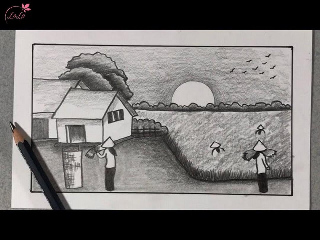 Tranh vẽ thôn nữ gặt lúa