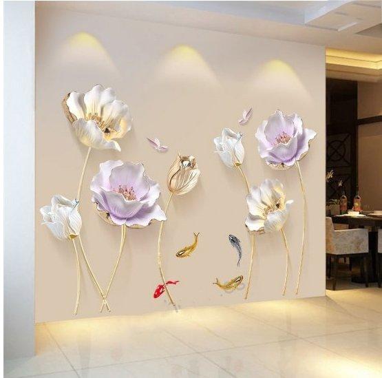 Decal dán tường hoa anh túc tím và trắng