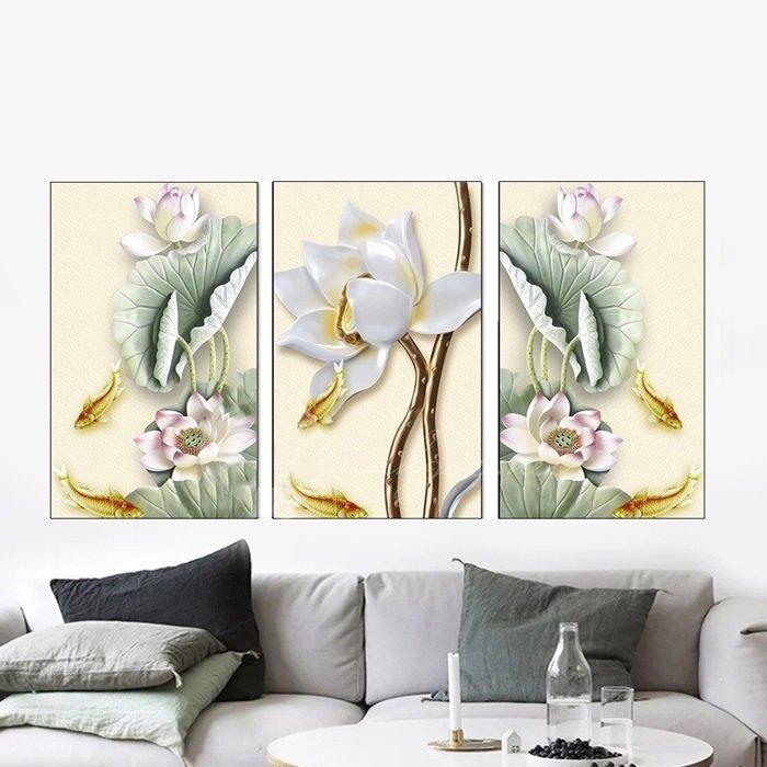 Tranh treo tường quần ngư bên sen trắng