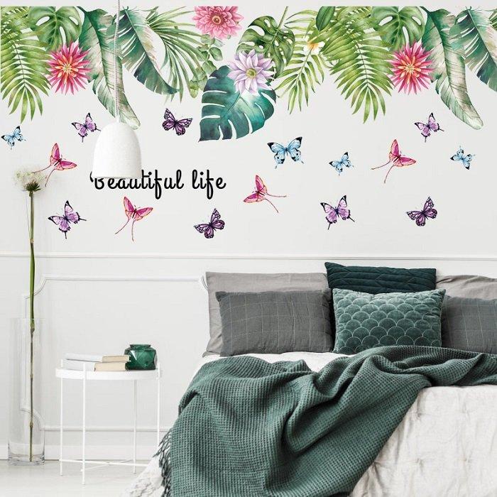 Decal dán tường giàn lá xanh và bướm