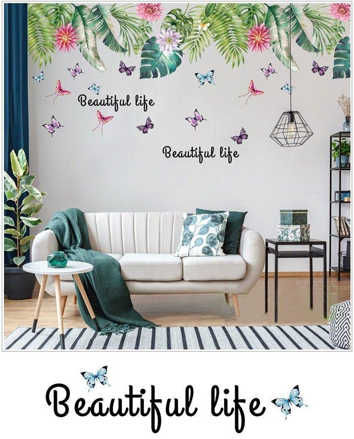 Decal dán tường giàn lá xanh và bướm
