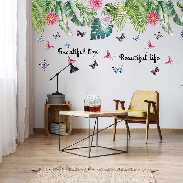 Decal dán tường giàn lá xanh và bướm