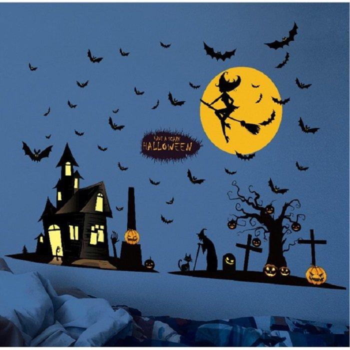 Decal dán tường halloween thành phố bóng đêm