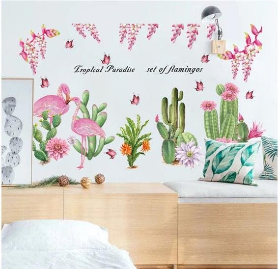 Decal dán tường vườn hoa và hồng hạc