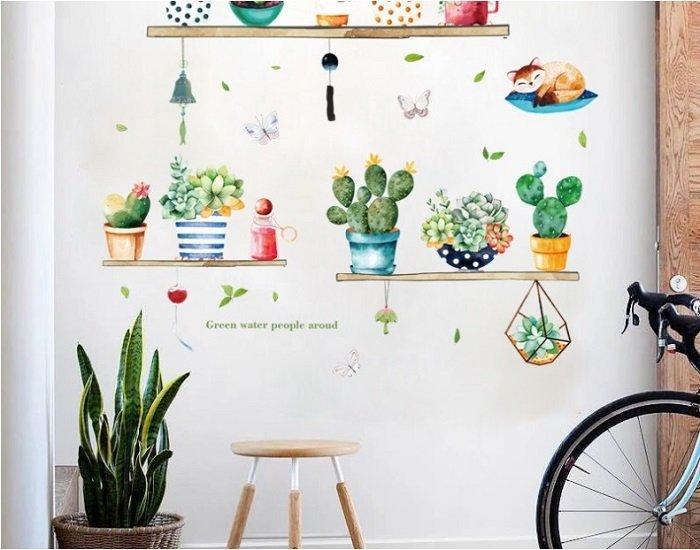 Decal dán tường kệ chậu xương rồng