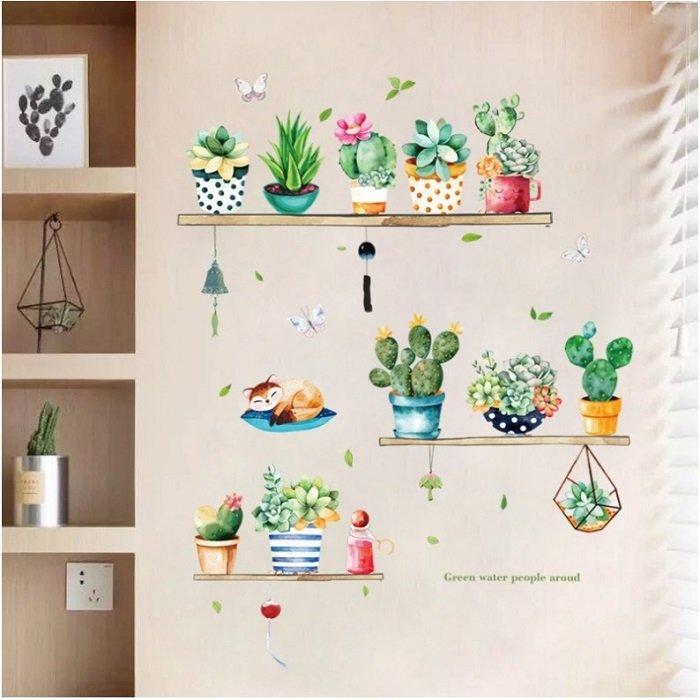 Decal dán tường kệ chậu xương rồng