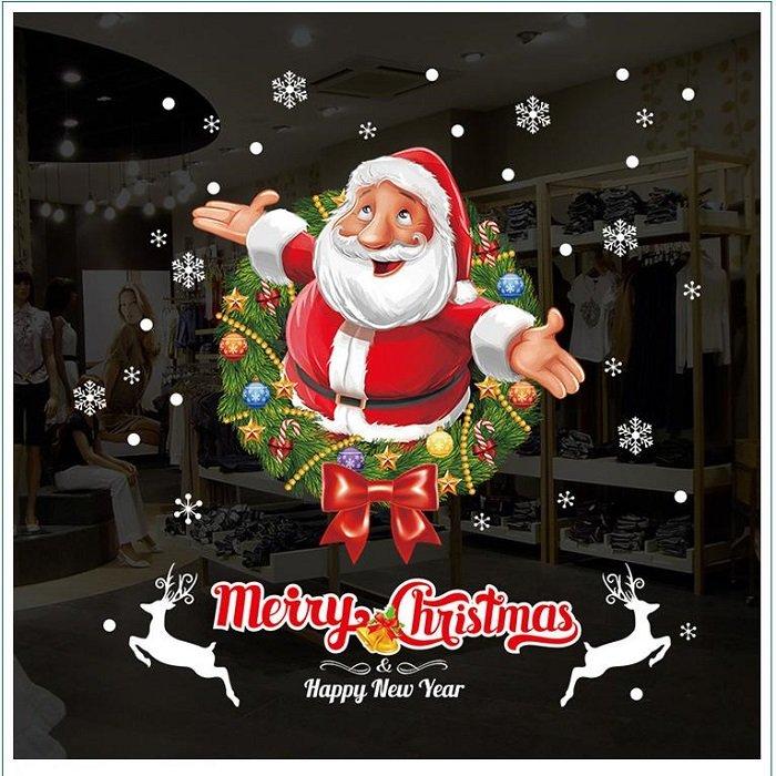 Decal trang trí noel 2 mặt vòng lá và ông già noel