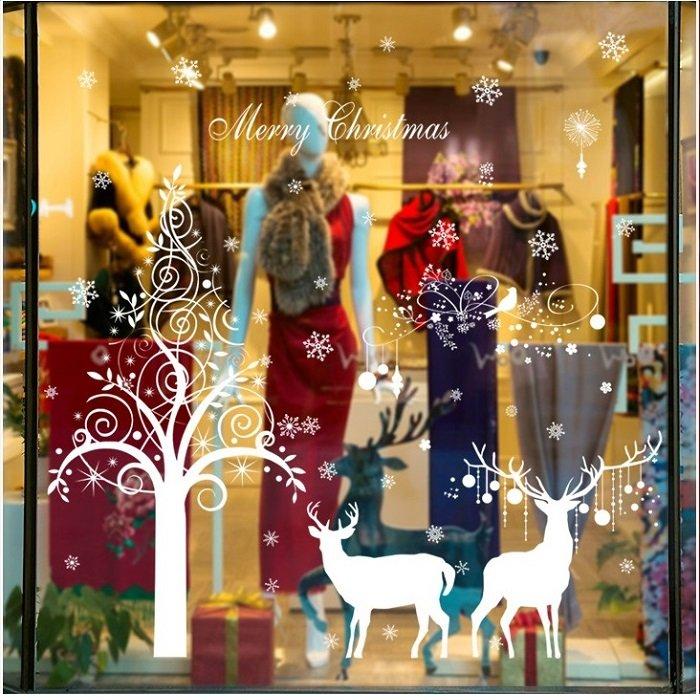 Decal trang trí noel cây thông noel và đôi tuần lộc (nền trắng đục)