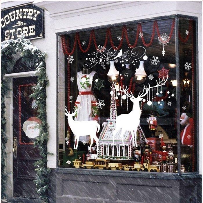 Decal trang trí noel cây thông noel và đôi tuần lộc (nền trắng đục)