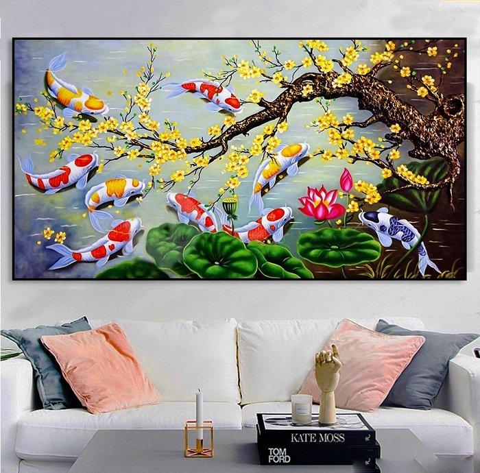 Tranh treo tường mai vàng bên hồ sen