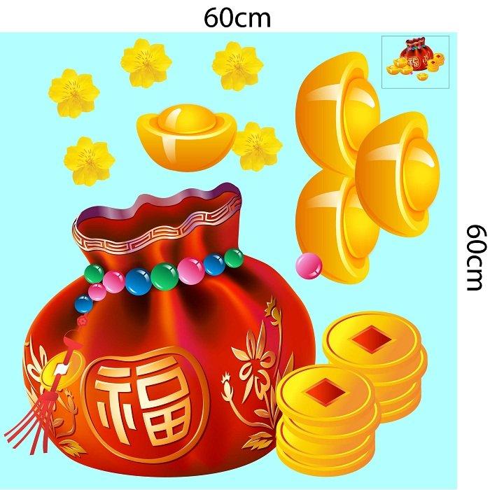 decal trang trí tết túi vàng phát tài phát lộc