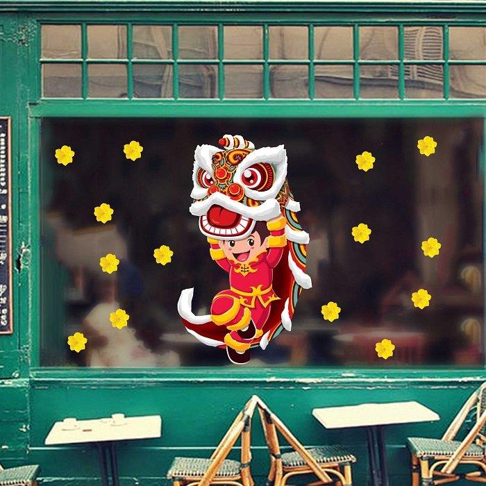 decal trang trí tết múa lân chúc tết